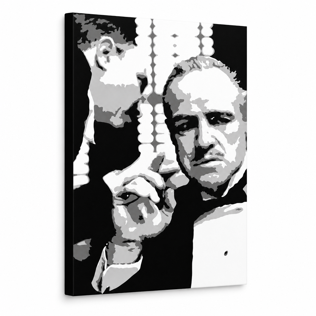 Ръчно рисувана картина POP Art GODFATHER 1 брой gfoh – 3D визуализация на ръчно рисувано платно на бял фон. Доминиращи цветове: черно, бяло, сиво.