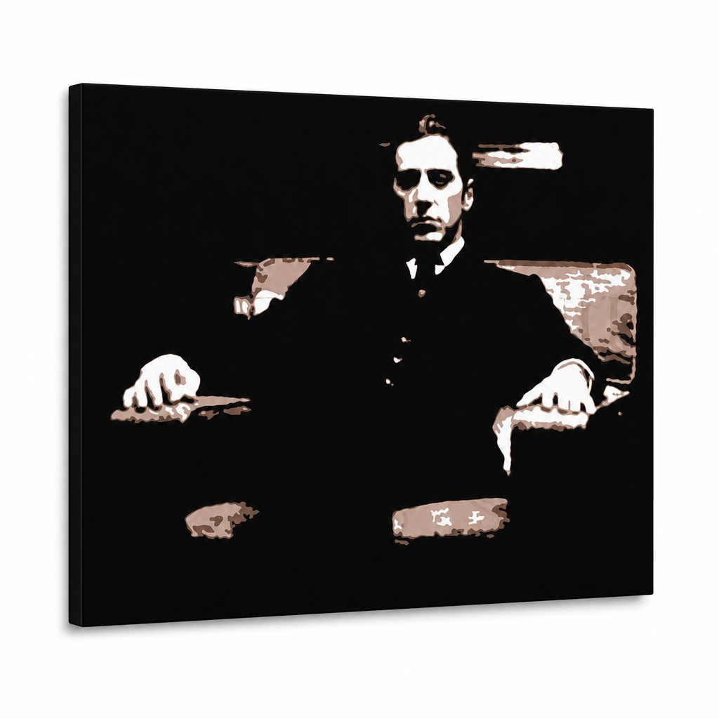 Ръчно рисувана картина POP Art Godfather 1 брой god9 – 3D визуализация на ръчно рисувано платно на бял фон. Доминиращи цветове: черно, кафяво, бяло.