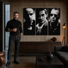 Ръчно рисувана картина POP Art GODFATHER 3 парчета god2 – картина в модерен мъжки интериор, lifestyle визуализация. Доминиращи цветове: черно, бяло, сиво.