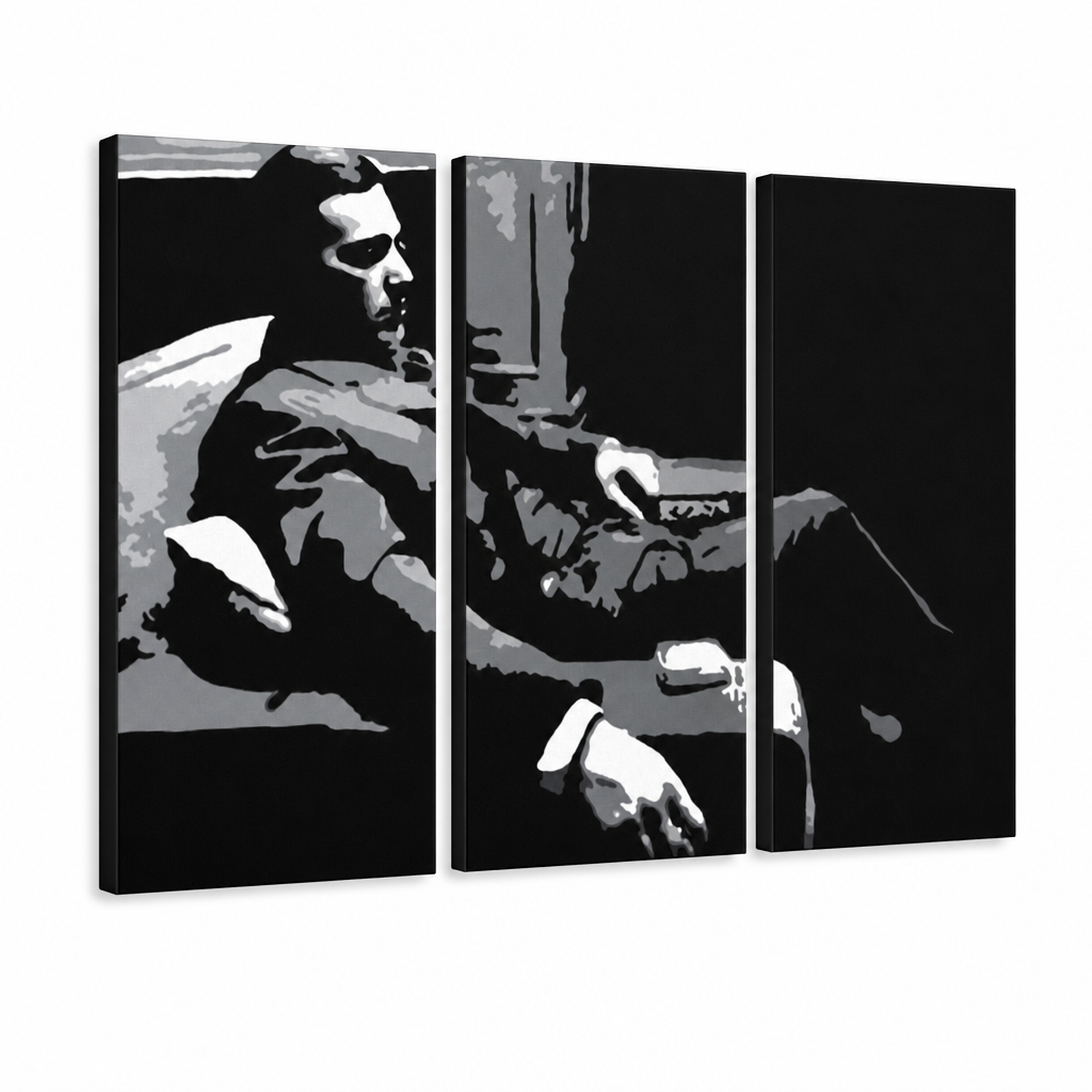 Ръчно рисувана картина POP Art GODFATHER 3 парчета god7 – 3D визуализация на ръчно рисувано платно на бял фон. Доминиращи цветове: черно, сиво, бяло.