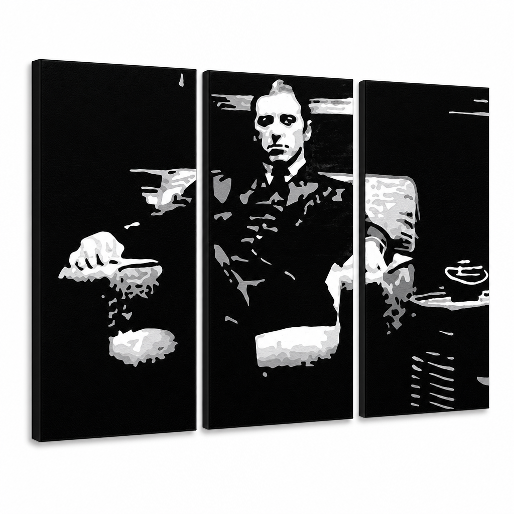 Ръчно рисувана картина POP Art GODFATHER 3 парчета god8 – 3D визуализация на ръчно рисувано платно на бял фон. Доминиращи цветове: черно, бяло, сиво.