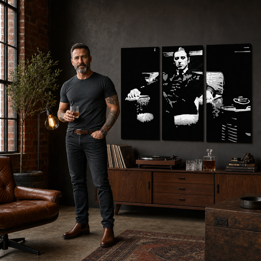 Ръчно рисувана картина POP Art GODFATHER 3 парчета god8 – картина в модерен мъжки интериор, lifestyle визуализация. Доминиращи цветове: черно, бяло, сиво.