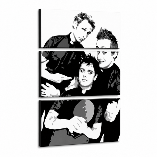 Ръчно рисувана картина POP Art Green Day 3 парчета gd – 3D визуализация на ръчно рисувано платно на бял фон. Доминиращи цветове: черно, бяло, сиво.
