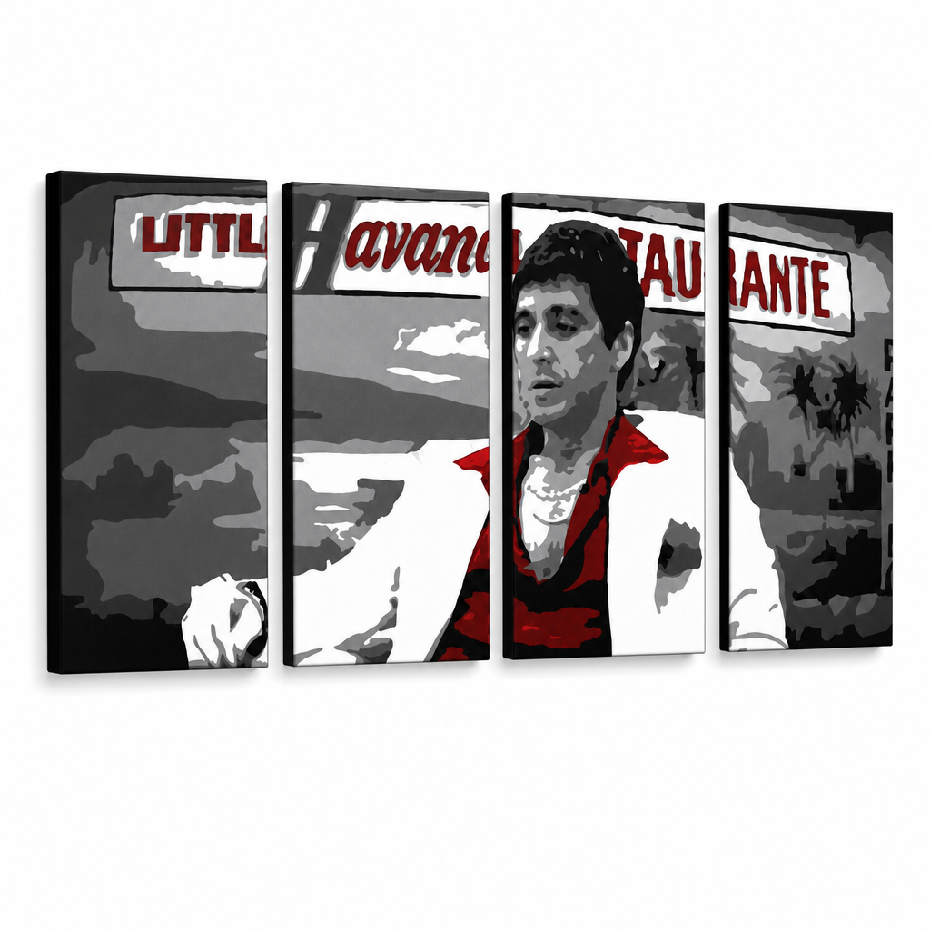 Ръчно рисувана картина POP Art HAVANA - AL PACINO 4 броя al29 – 3D визуализация на ръчно рисувано платно на бял фон. Доминиращи цветове: черно, червено, бяло, сиво, кафяво.