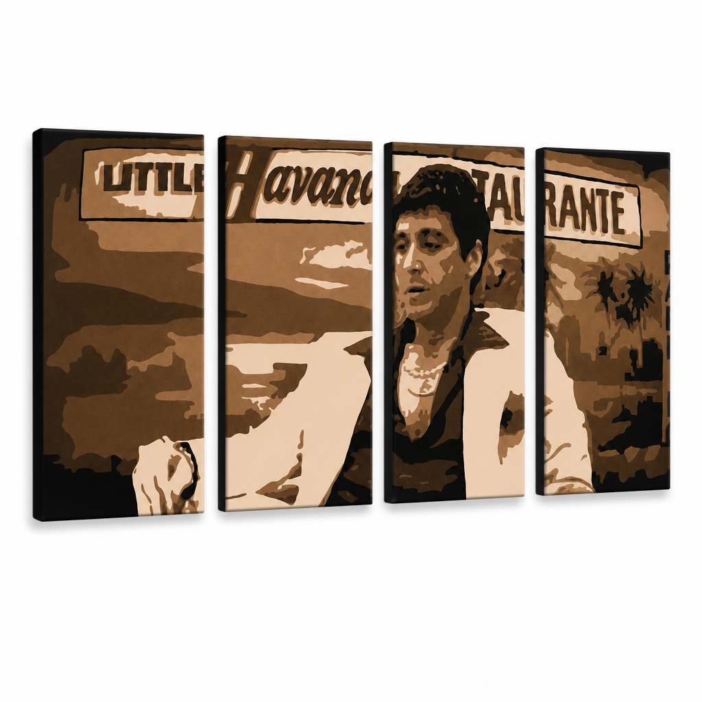Ръчно рисувана картина POP Art HAVANA - AL PACINO 4 парчета al17 – 3D визуализация на ръчно рисувано платно на бял фон. Доминиращи цветове: кафяво, бежово, черно.