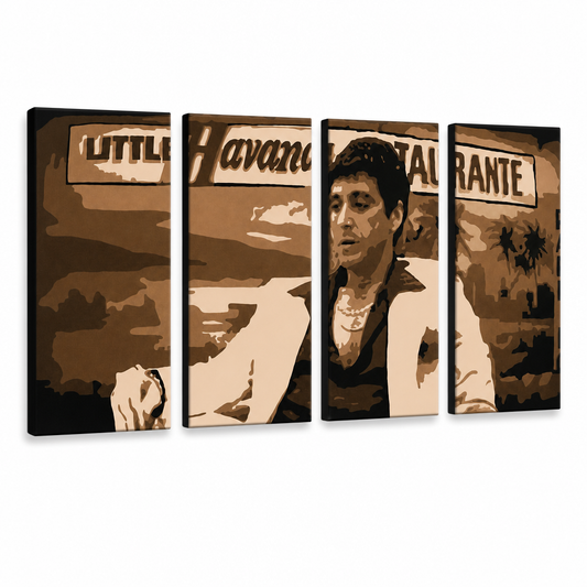 Ръчно рисувана картина POP Art HAVANA - AL PACINO 4 парчета al17 – 3D визуализация на ръчно рисувано платно на бял фон. Доминиращи цветове: кафяво, бежово, черно.