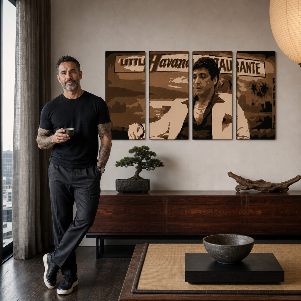 Ръчно рисувана картина POP Art HAVANA - AL PACINO 4 парчета al17 – картина в модерен мъжки интериор, lifestyle визуализация. Доминиращи цветове: кафяво, бежово, черно.