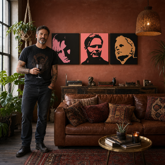 Ръчно рисувана картина POP Art Херберт Гронемайер 3 броя hg – картина в модерен мъжки интериор, lifestyle визуализация. Доминиращи цветове: черно, розово, оранжево.