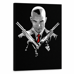 Ръчно рисувана картина POP Art HITMAN hit – 3D визуализация на ръчно рисувано платно на бял фон. Доминиращи цветове: черно, червено, сиво.