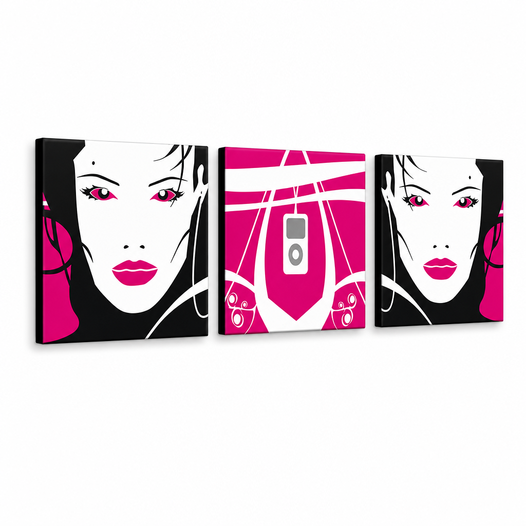 Ръчно рисувана картина POP Art I-GIRL 3 парчета pw – 3D визуализация на ръчно рисувано платно на бял фон. Доминиращи цветове: розово, черно, бяло, сиво.