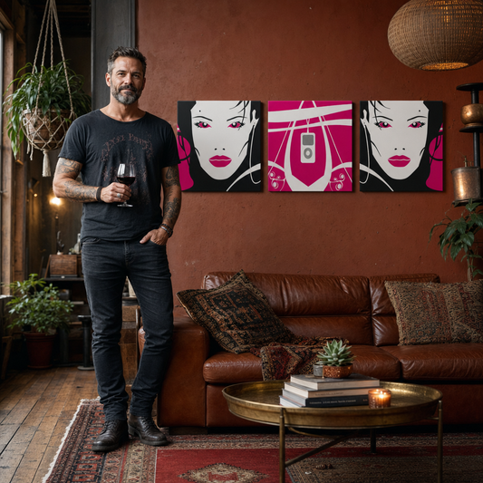 Ръчно рисувана картина POP Art I-GIRL 3 парчета pw – картина в модерен мъжки интериор, lifestyle визуализация. Доминиращи цветове: розово, черно, бяло, сиво.