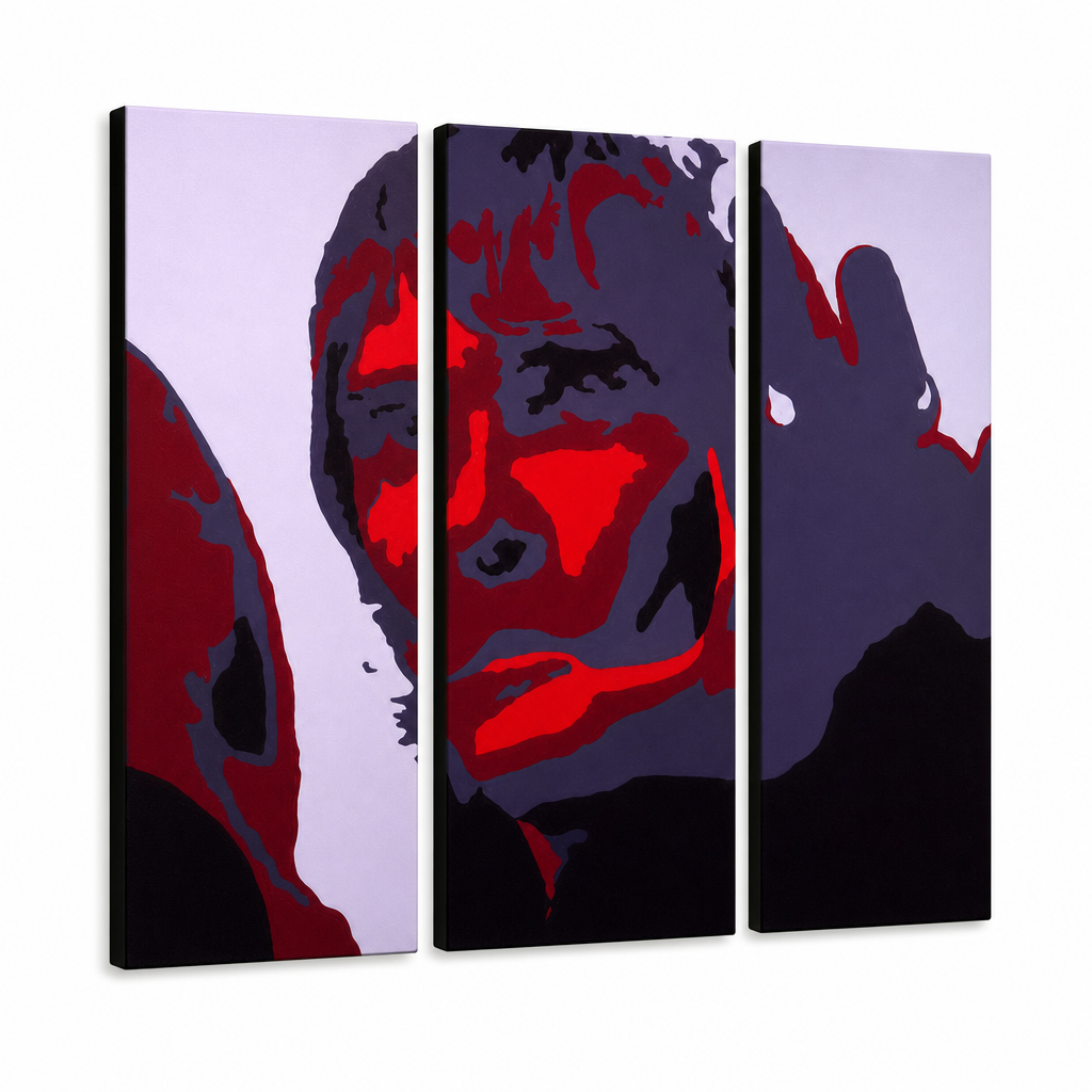 Ръчно рисувана картина POP Art Ian Brown 3 броя иб – 3D визуализация на ръчно рисувано платно на бял фон. Доминиращи цветове: черно, червено, сиво.