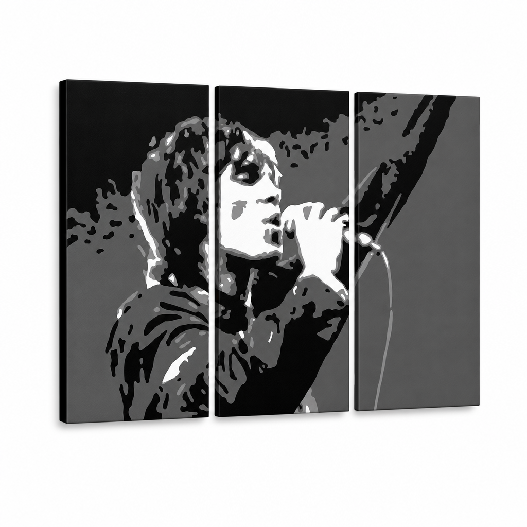 Ръчно рисувана картина POP Art Ian Brown 3 парчета ib2 – 3D визуализация на ръчно рисувано платно на бял фон. Доминиращи цветове: черно, бяло, сиво.