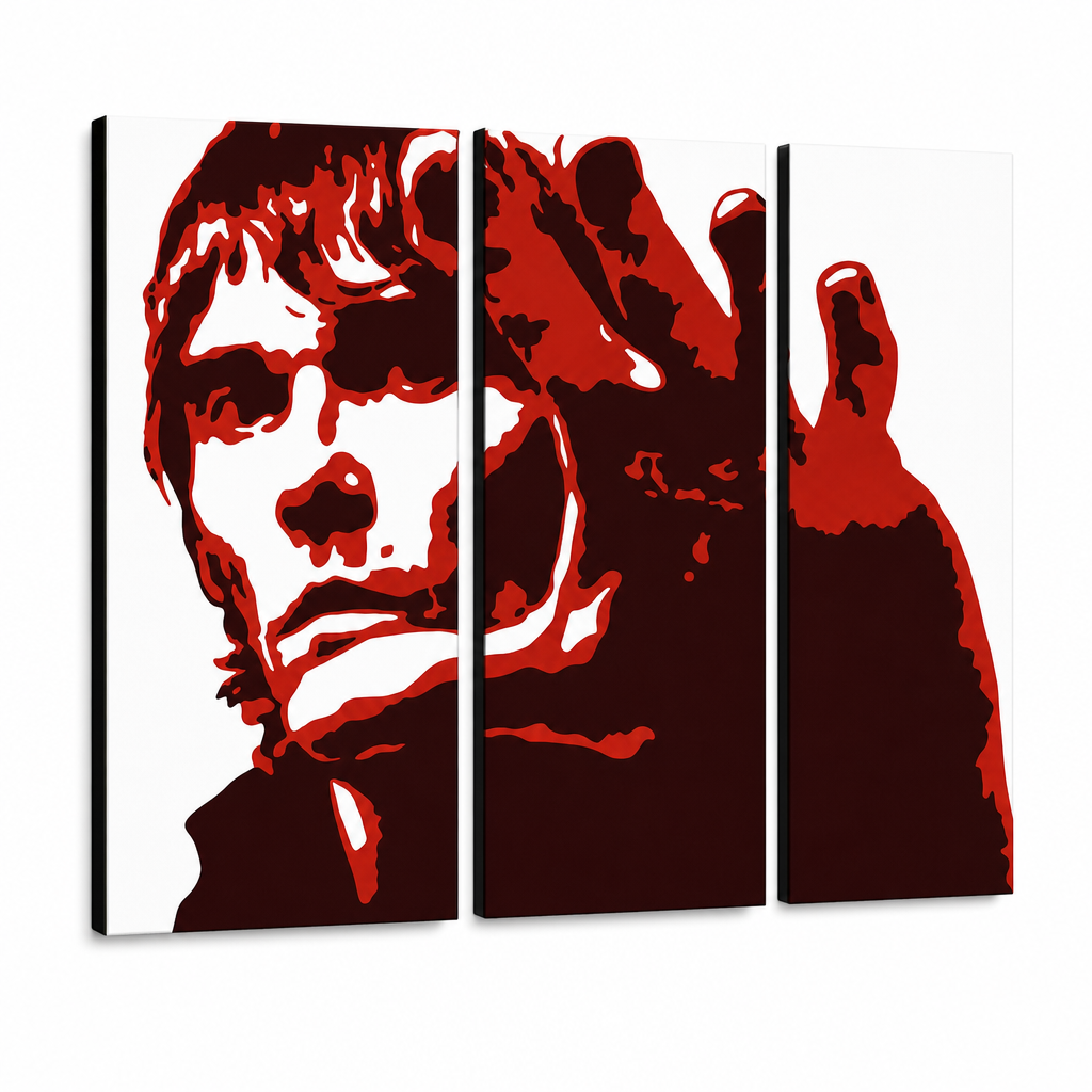 Ръчно рисувана картина POP Art Ian Brown 3 парчета ib3 – 3D визуализация на ръчно рисувано платно на бял фон. Доминиращи цветове: червено, черно, бяло.