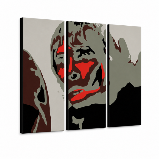 Ръчно рисувана картина POP Art Ian Brown 3 парчета ibb – 3D визуализация на ръчно рисувано платно на бял фон. Доминиращи цветове: черно, червено, сиво, кафяво, бяло.