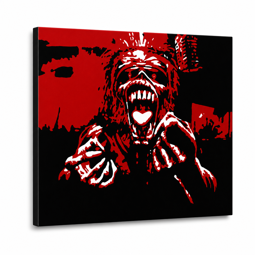 Ръчно рисувана картина POP Art Iron Maiden 1 брой im – 3D визуализация на ръчно рисувано платно на бял фон. Доминиращи цветове: червено, черно, бяло.