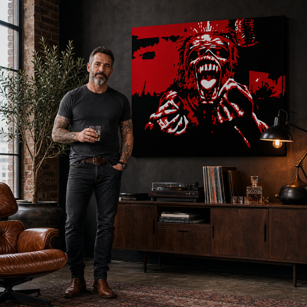 Ръчно рисувана картина POP Art Iron Maiden 1 брой im – картина в модерен мъжки интериор, lifestyle визуализация. Доминиращи цветове: червено, черно, бяло.