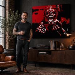 Ръчно рисувана картина POP Art Iron Maiden 1 брой im – картина в модерен мъжки интериор, lifestyle визуализация. Доминиращи цветове: червено, черно, бяло.