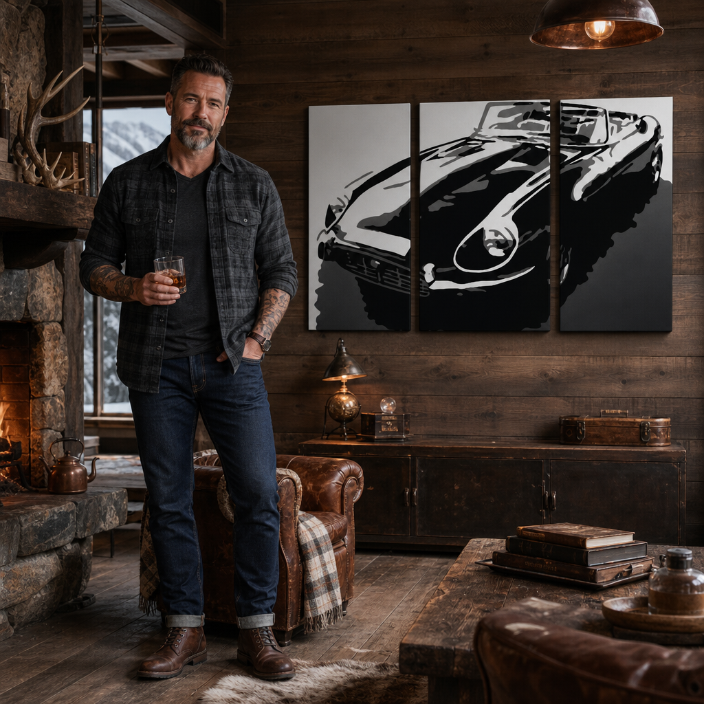 Ръчно рисувана картина POP Art JAGUAR 3 броя – картина в модерен мъжки интериор, lifestyle визуализация. Доминиращи цветове: черно, бяло, сиво.