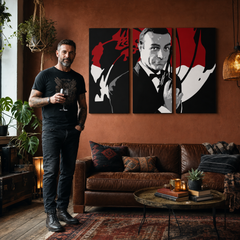 Ръчно рисувана картина POP Art James Bond 3 части bond2 – картина в модерен мъжки интериор, lifestyle визуализация. Доминиращи цветове: черно, червено, бяло.