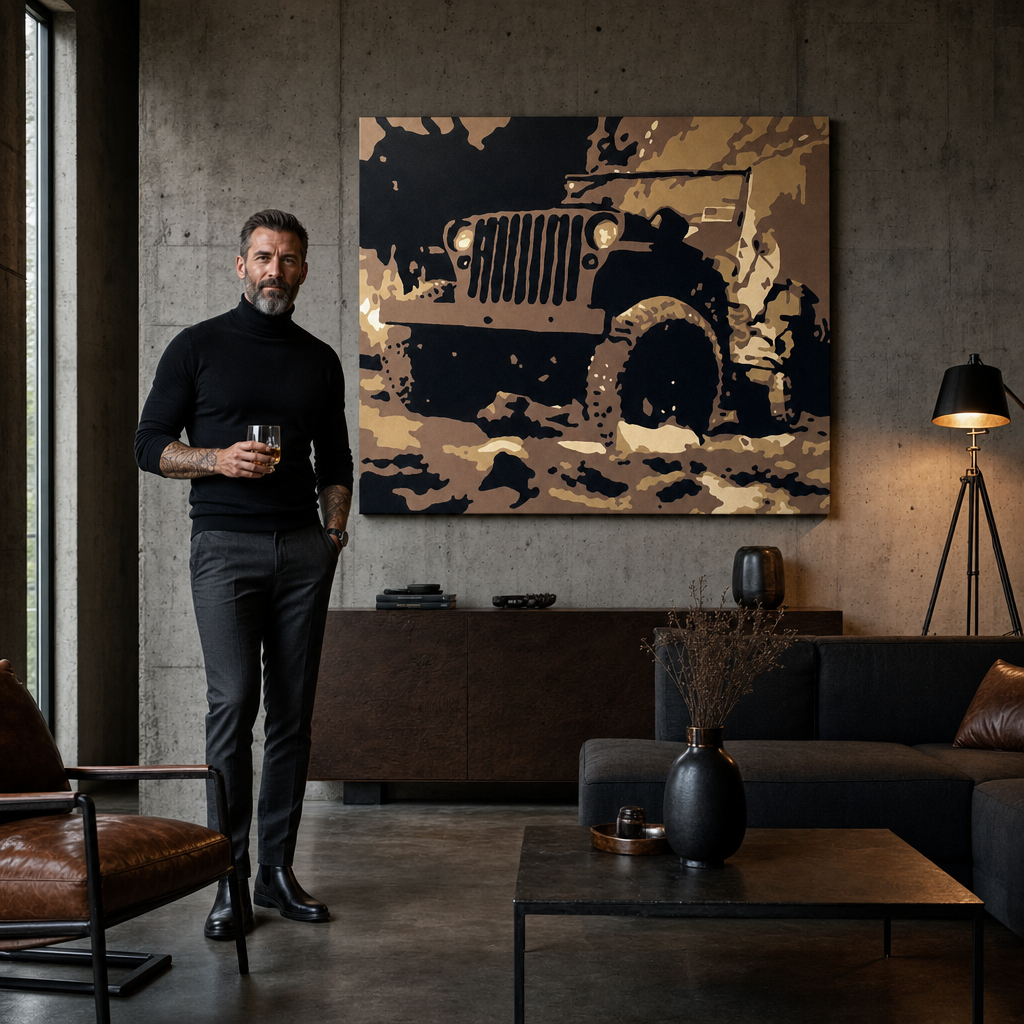 Ръчно рисувана картина POP Art JEEP 1 брой джип – картина в модерен мъжки интериор, lifestyle визуализация. Доминиращи цветове: кафяво, черно, бежово, златно.