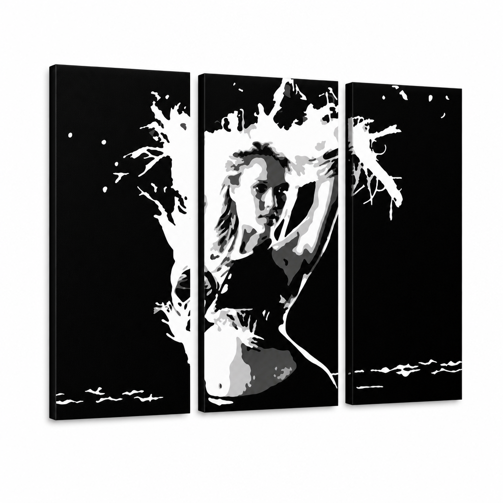 Ръчно рисувана картина POP Art Jessica Alba 3 парчета самостоятелно – 3D визуализация на ръчно рисувано платно на бял фон. Доминиращи цветове: черно, бяло.