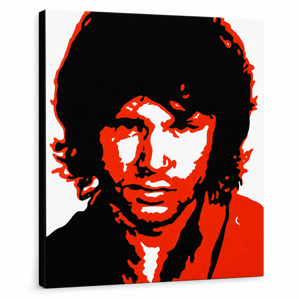 Ръчно рисувана картина POP Art Jim Morrison 1 брой jm2 – 3D визуализация на ръчно рисувано платно на бял фон. Доминиращи цветове: черно, червено, бяло.