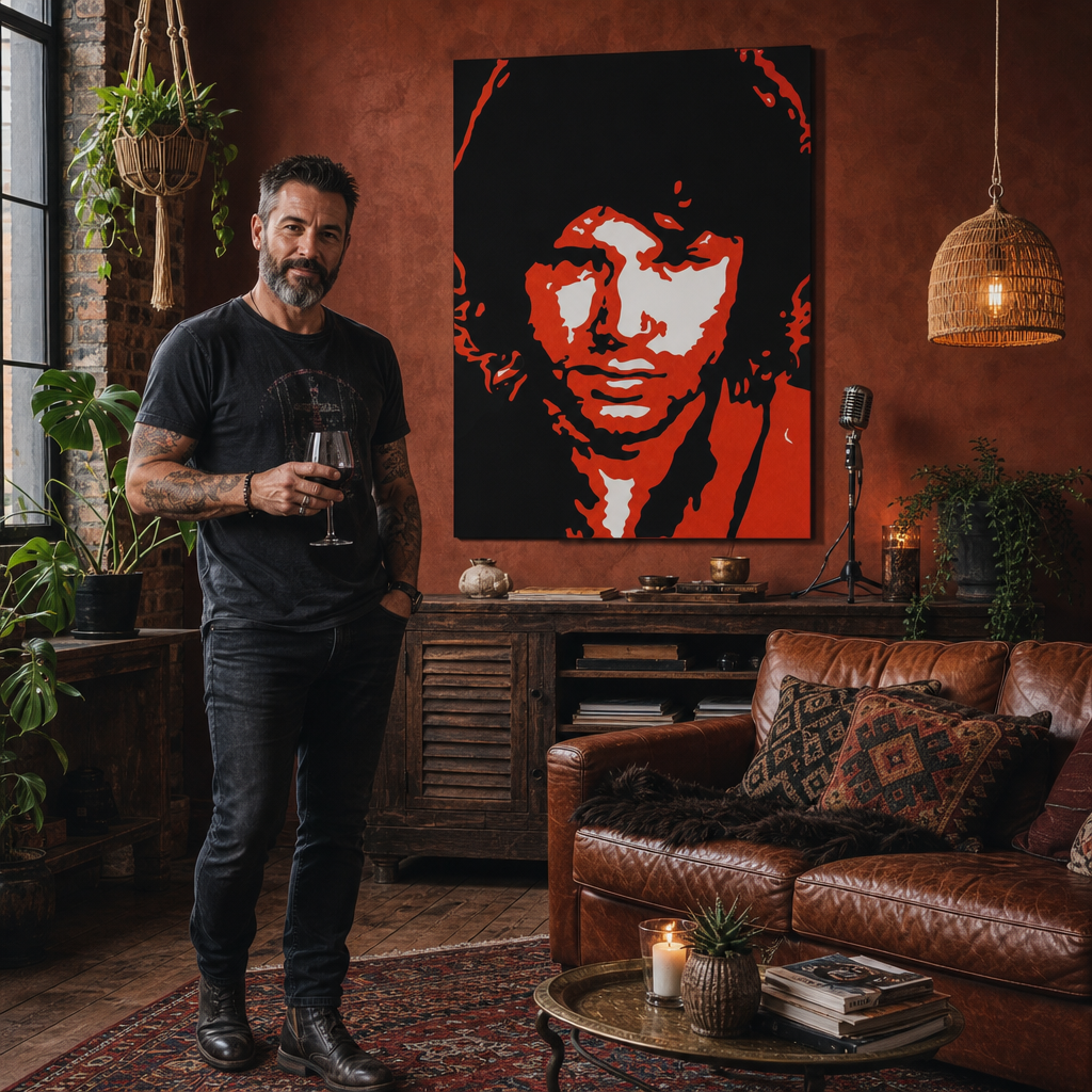 Ръчно рисувана картина POP Art Jim Morrison 1 брой jm2 – картина в модерен мъжки интериор, lifestyle визуализация. Доминиращи цветове: черно, червено, бяло.