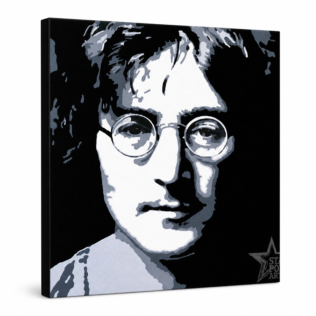Ръчно рисувана картина POP Art John Lennon 1 брой jl – 3D визуализация на ръчно рисувано платно на бял фон. Доминиращи цветове: черно, бяло, сиво.