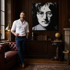 Ръчно рисувана картина POP Art John Lennon 1 брой jl – картина в модерен мъжки интериор, lifestyle визуализация. Доминиращи цветове: черно, бяло, сиво.
