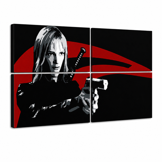 Ръчно рисувана картина POP Art Kill Bill 4 броя kb – 3D визуализация на ръчно рисувано платно на бял фон. Доминиращи цветове: черно, червено, бяло.