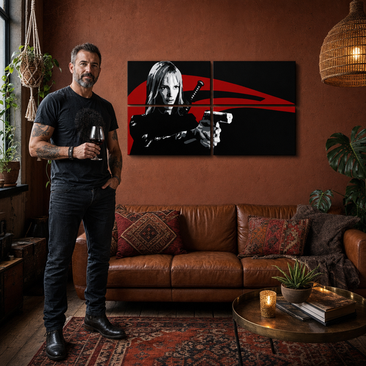 Ръчно рисувана картина POP Art Kill Bill 4 броя kb – картина в модерен мъжки интериор, lifestyle визуализация. Доминиращи цветове: черно, червено, бяло.