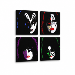 Ръчно рисувана картина POP Art Kiss 4 броя целувка – 3D визуализация на ръчно рисувано платно на бял фон. Доминиращи цветове: черно, бяло, червено, зелено, лилаво.