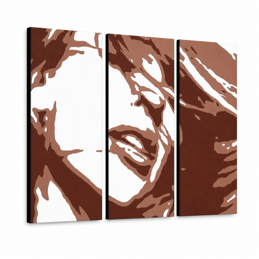 Ръчно рисувана картина POP Art Kylie Minogue 3 броя – 3D визуализация на ръчно рисувано платно на бял фон. Доминиращи цветове: кафяво, бяло, оранжево.