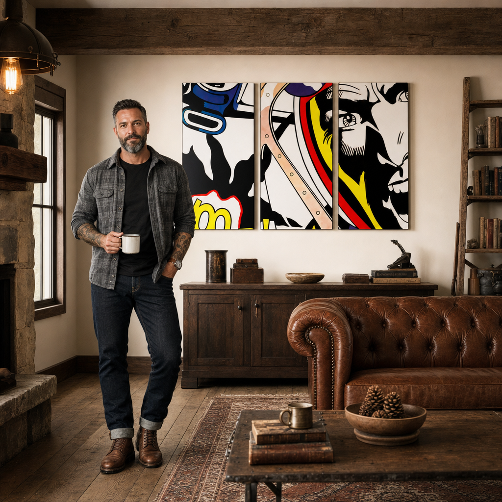 Ръчно рисувана картина POP Art LICHTENSTEIN 3 парчета – картина в модерен мъжки интериор, lifestyle визуализация. Доминиращи цветове: черно, жълто, червено, синьо, бяло.