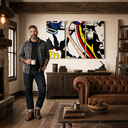 Ръчно рисувана картина POP Art LICHTENSTEIN 3 парчета – картина в модерен мъжки интериор, lifestyle визуализация. Доминиращи цветове: черно, жълто, червено, синьо, бяло.