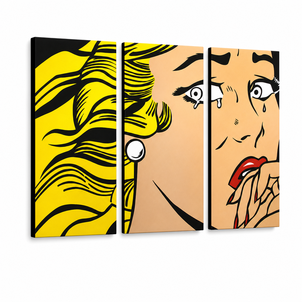 Ръчно рисувана картина POP Art LICHTENSTEIN 3 парчета li3/x2 – 3D визуализация на ръчно рисувано платно на бял фон. Доминиращи цветове: жълто, черно, розово.