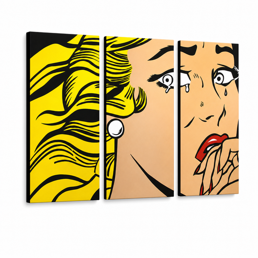 Ръчно рисувана картина POP Art LICHTENSTEIN 3 парчета li3/x2 – 3D визуализация на ръчно рисувано платно на бял фон. Доминиращи цветове: жълто, черно, розово.