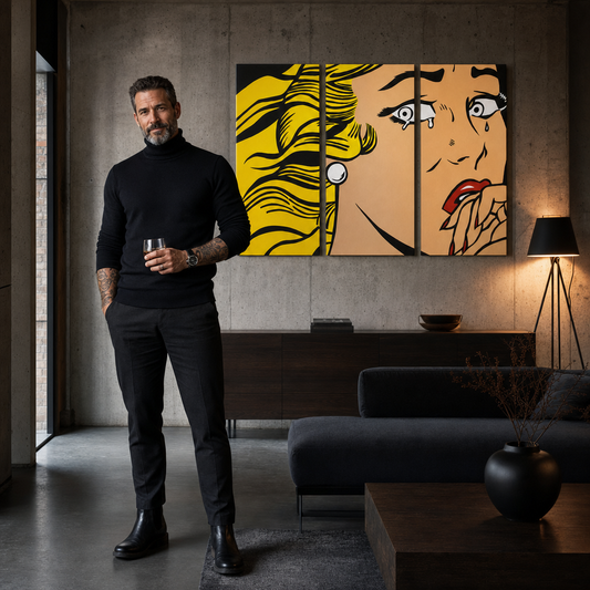 Ръчно рисувана картина POP Art LICHTENSTEIN 3 парчета li3/x2 – картина в модерен мъжки интериор, lifestyle визуализация. Доминиращи цветове: жълто, черно, розово.