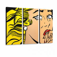 Ръчно рисувана картина POP Art LICHTENSTEIN 3 парчета li3/x2 – 3D визуализация на ръчно рисувано платно на бял фон. Доминиращи цветове: жълто, черно, розово.