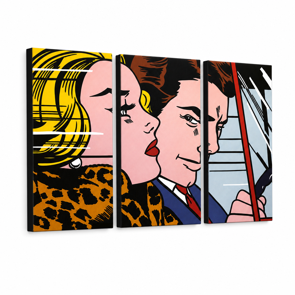 Ръчно рисувана картина POP Art LICHTENSTEIN 3 парчета li4 – 3D визуализация на ръчно рисувано платно на бял фон. Доминиращи цветове: жълто, черно, розово, синьо, кафяво.