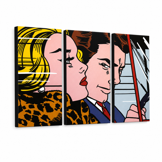 Ръчно рисувана картина POP Art LICHTENSTEIN 3 парчета li4 – 3D визуализация на ръчно рисувано платно на бял фон. Доминиращи цветове: жълто, черно, розово, синьо, кафяво.