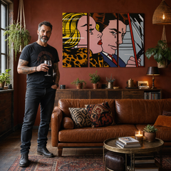 Ръчно рисувана картина POP Art LICHTENSTEIN 3 парчета li4 – картина в модерен мъжки интериор, lifestyle визуализация. Доминиращи цветове: жълто, черно, розово, синьо, кафяво.