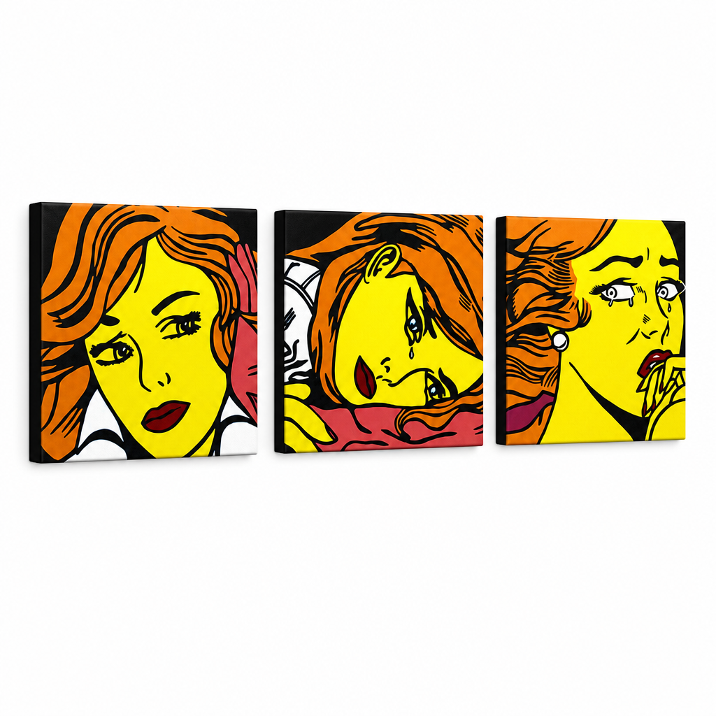 Ръчно рисувана картина POP Art LICHTENSTEIN 3 парчета li7 – 3D визуализация на ръчно рисувано платно на бял фон. Доминиращи цветове: жълто, черно, оранжево.