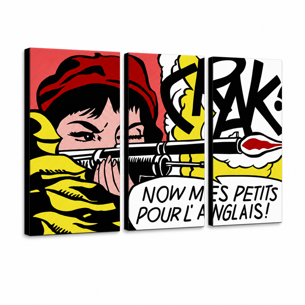 Ръчно рисувана картина POP Art LICHTENSTEIN 3 парчета li8 – 3D визуализация на ръчно рисувано платно на бял фон. Доминиращи цветове: червено, жълто, черно, бяло, оранжево.