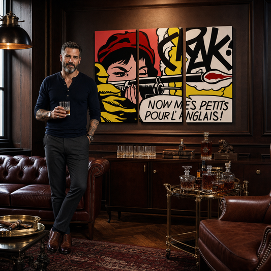 Ръчно рисувана картина POP Art LICHTENSTEIN 3 парчета li8 – картина в модерен мъжки интериор, lifestyle визуализация. Доминиращи цветове: червено, жълто, черно, бяло, оранжево.