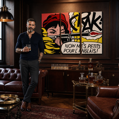 Ръчно рисувана картина POP Art LICHTENSTEIN 3 парчета li8 – картина в модерен мъжки интериор, lifestyle визуализация. Доминиращи цветове: червено, жълто, черно, бяло, оранжево.