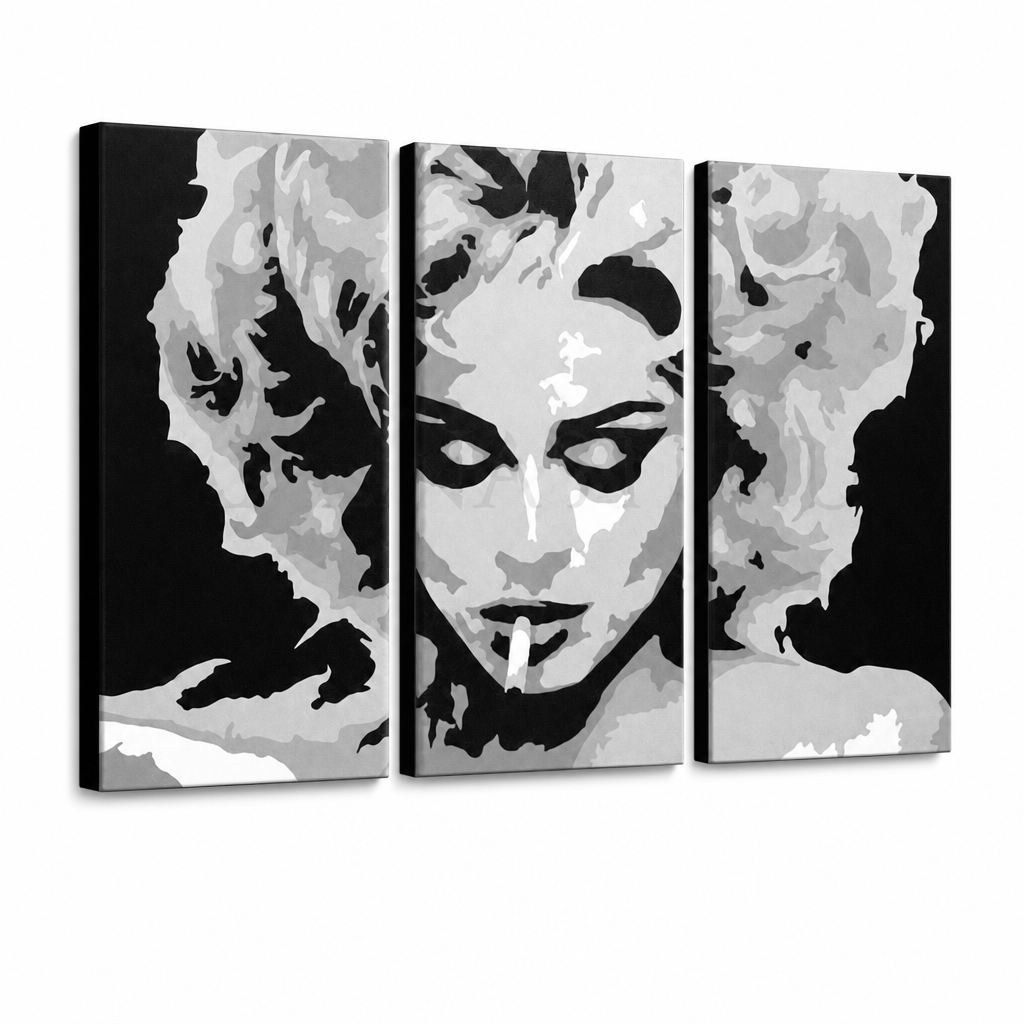 Ръчно рисувана картина POP Art MADONNA 3 парчета ma2 – 3D визуализация на ръчно рисувано платно на бял фон. Доминиращи цветове: черно, сиво, бяло.