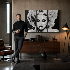 Ръчно рисувана картина POP Art MADONNA 3 парчета ma2 – картина в модерен мъжки интериор, lifestyle визуализация. Доминиращи цветове: черно, сиво, бяло.