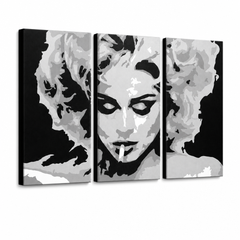 Ръчно рисувана картина POP Art MADONNA 3 парчета ma2 – 3D визуализация на ръчно рисувано платно на бял фон. Доминиращи цветове: черно, сиво, бяло.
